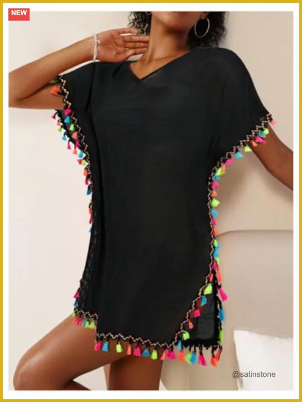 Tassel Short Sleeve Beach Swimsuit Cover Up Loose Fit Split Hem